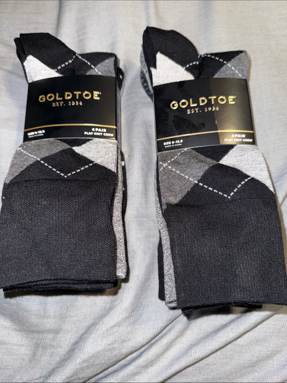 Gold Toe Men's Black/Gray/Argyle Flat Knit Crew Socks - 4 Pack NWT Size: 6-12.5